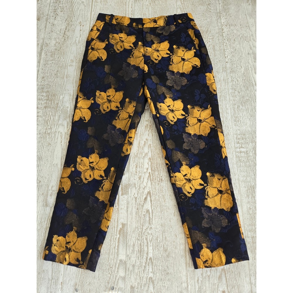 Zara Basic Floral Brocade Trousers Size S Gold Navy Metallic Jacquard Artistic
